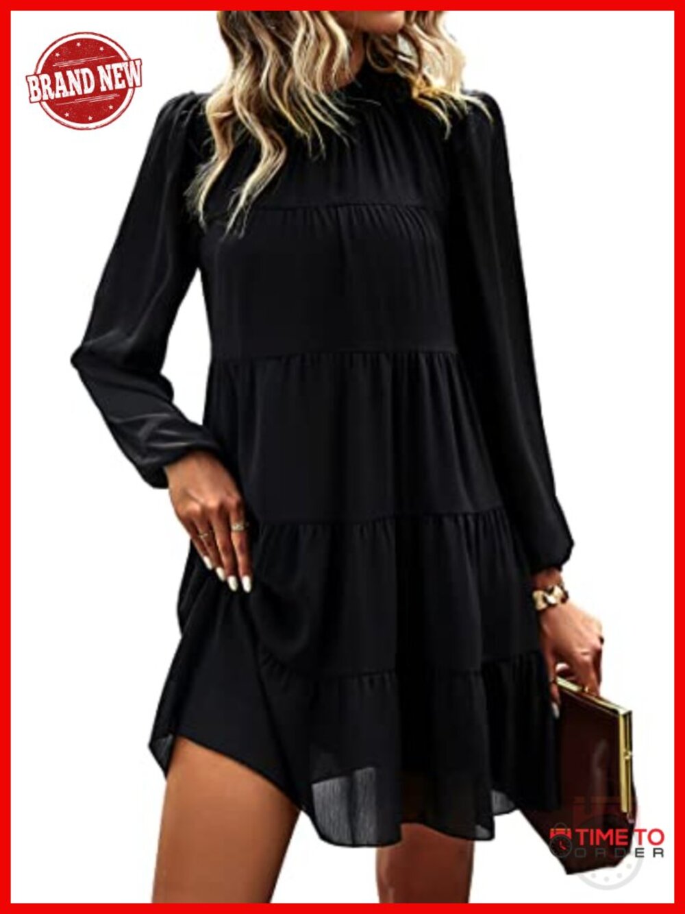 Women's Long Sleeve Babydoll Mini Dress Ruffle Mock Neck Flowy Casual